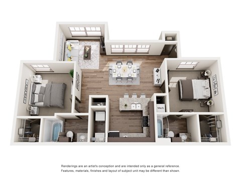 A 3D floor plan of a house with a kitchen, living room, and two bedrooms.